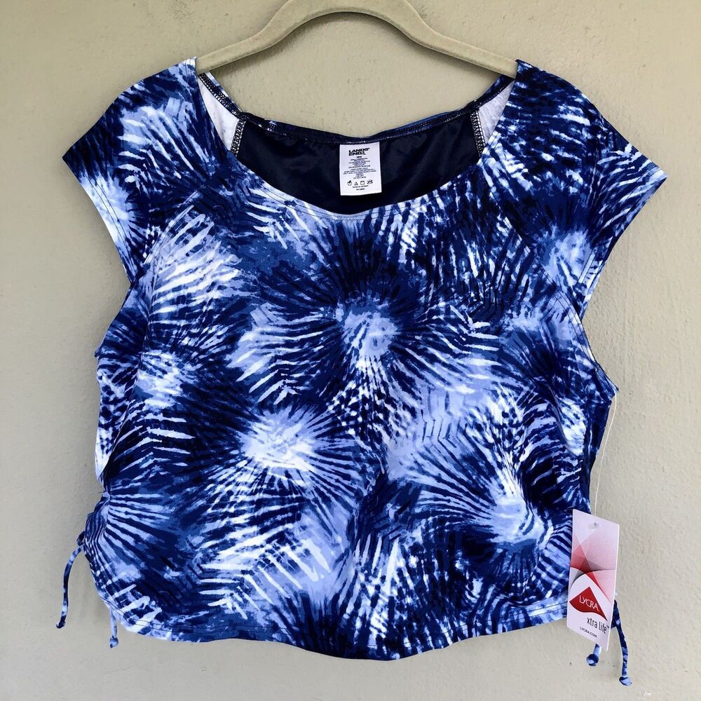 Lands End Tankini Top Women 18W Blue Tie Dye Palm Print Padded Resort Beach